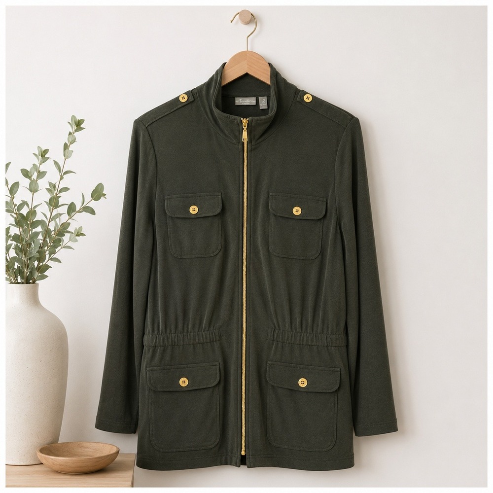 Chicos Travelers Utility Jacket Womens Size 2 L Olive Green Safari Military Zip